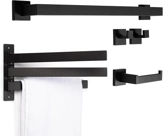 5-Piece Bathroom Hardware Accessory Set with Swivel Towel Rack, Modern 23-Inch Towel Bar Set Wall Mounted, Heavy Duty Stainless Steel Bathroom Accessories (Matte Black),