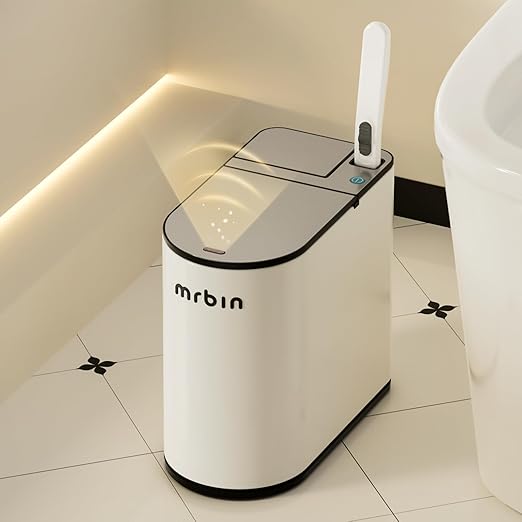 MRBIN Motion Sensor Bathroom Trash Can and Disposable Toilet Brush Holder Set, 1.8 Gallon Slim Touchless Small Garbage Pail, Toilet Smart Waste Basket with Lid and Odor Filter, Cream White