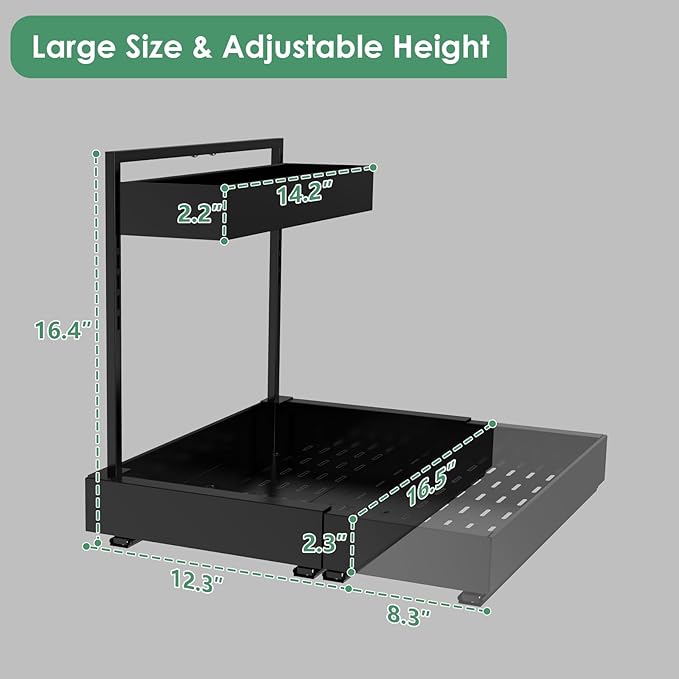 Expandable Under Sink Organizer, 2-Tier Under Cabinet Organizer, Height Adjustable Pull Out Rack for Kitchen Bathroom Laundry, Black, 1 Pack