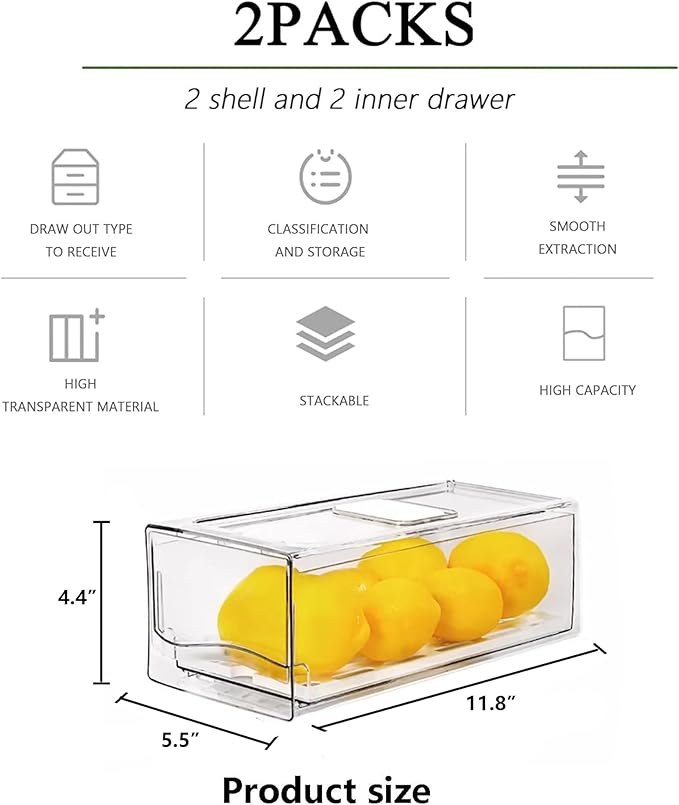 2 Pack Fruit Storage Containers for Fridge, Stackable Refrigerator Organizers and Storage,Reusable Storage Containers Clear Fridge Drawer for Produce,Vegetable in Home Kitchen, Restaurant,BPA-Free