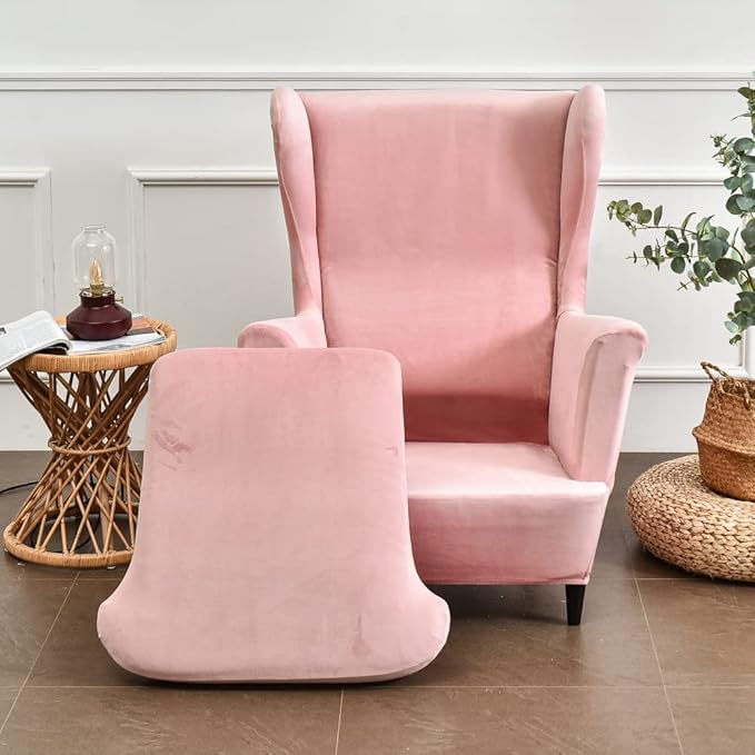 OBCREAT Wingback Chair Covers,2 Piece Stretch Velvet Wingback Chair Slipcover Soft Wing Chair Sofa Covers with Elastic Bottom,Armchair Couch Cover Furniture Protector for Living Room (Pink)