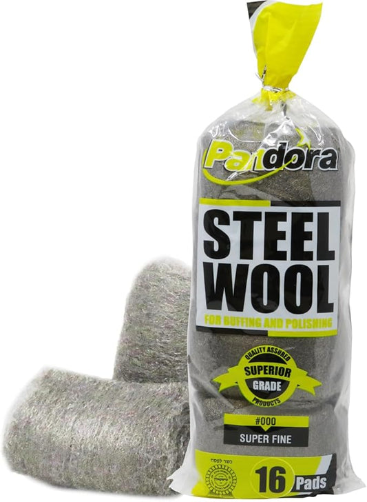 Pandora Steel Wool #000-16 Pads for Buffing and Cleaning - Quality Metal Strands - Ideal for Wax and Polish Removal