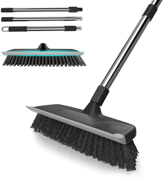 Heavy Duty Floor Scrub Brush with Long Handle, Adjustable Stainless Steel Handle, Stiff Bristles & Rubber Squeegee Scraper, Concrete Floor Scrubber for Cleaning Floor Concrete Deck Hardwood Patio Tile