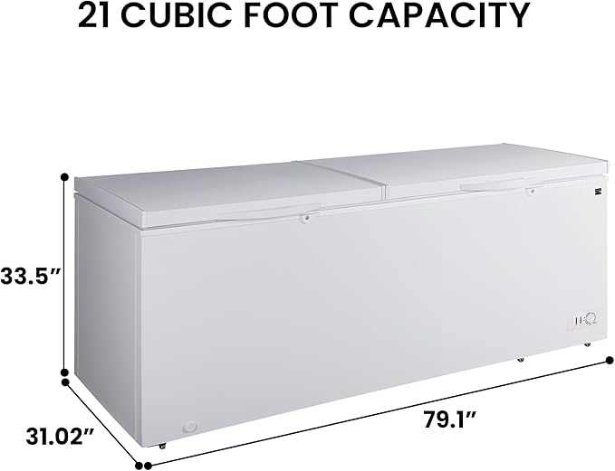 Kenmore 21 Cu. Ft. (595L) Convertible Chest Freezer/Refrigerator, Garage-Ready, Dual Lids, Keyed Safety Locks, LED Lights, Easy-Rolling Wheels, Manual Defrost, White, For Hunting Cabin Garage Cottage