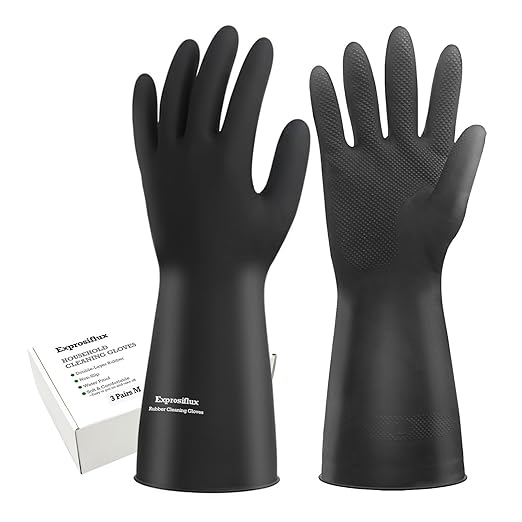 Thick Rubber Cleaning Gloves - 3 Pairs Black Rubber Gloves for Dishwashing Medium, Non-Slip Kitchen Gloves for Washing Dishes, Reusable Cleaning Gloves, Waterproof, Heavy-Duty (3P,M)
