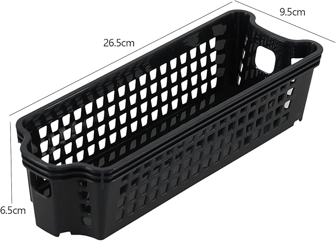 12 Pack Plastic Slim Storage Basket, 10.43" x 3.74" x 2.55" Small Stackable Plastic Storage Baskets, Black