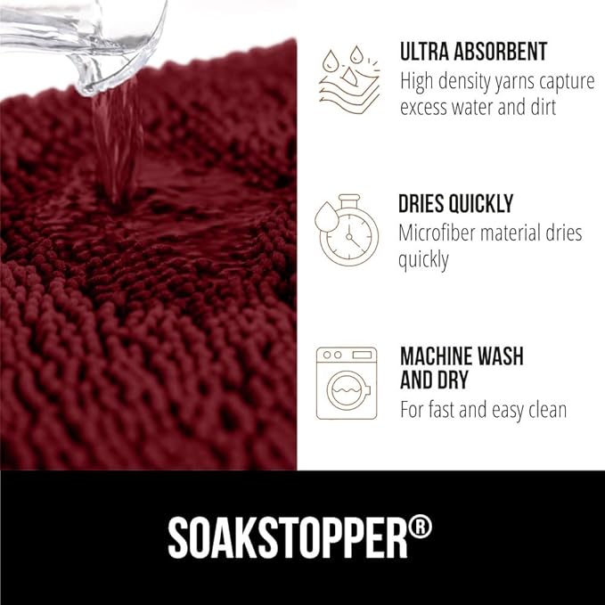 GORILLA GRIP SoakSTOPPER Dog Door Mat, 60x36 Machine Washable Rug Absorbent Doormat Captures Moisture Mud Dirt, Quick Dry Soft Chenille Entryway Rugs Indoor Entrance Mats for Dog Paws, Burgundy