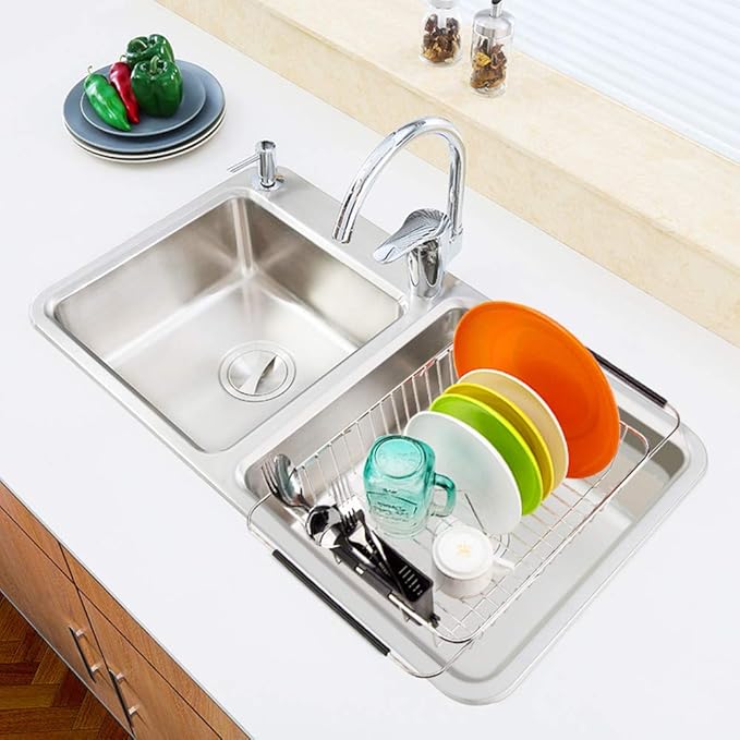 SANNO Expandable Pull Out Cabinet Shelf,Under Sink Slide Out Cabinet Organizer, Expandable Dish Drying Rack Over The Sink Stainless Steel Dish Drainer Dish Rack