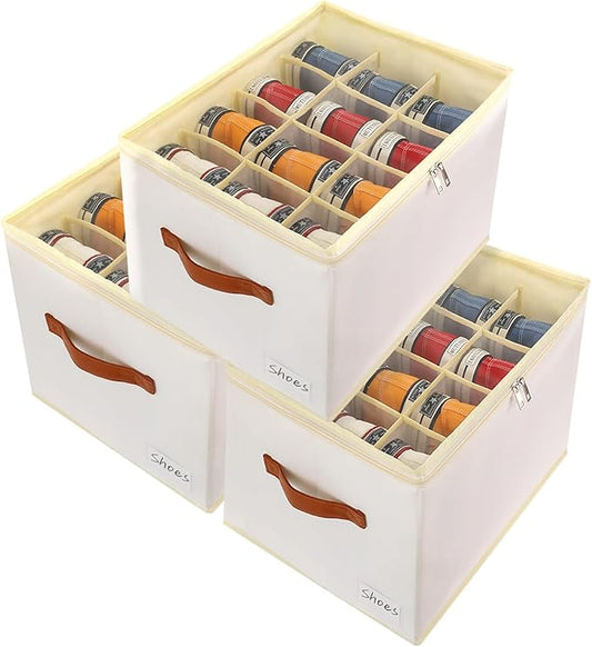 3 Pack Shoe Storage Box Organizer for Closet - 36 Cell Space Saver Shoes Containers Bin with Clear Lids Stackable, Can Fit Ottoman, Foldable Shoe Rack Cabinet Cubby for Wardrobe