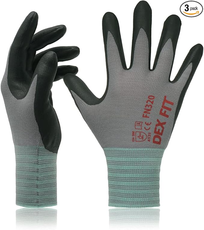 DEX FIT Nylon Work Gloves FN320, 3D Comfort Fit, Power Grip, Lightweight & Breathable, Touchscreen, Gardening, Yard Work, Warehouse, Delivery Driver Gloves; Grey 8 (M) 3 Pairs