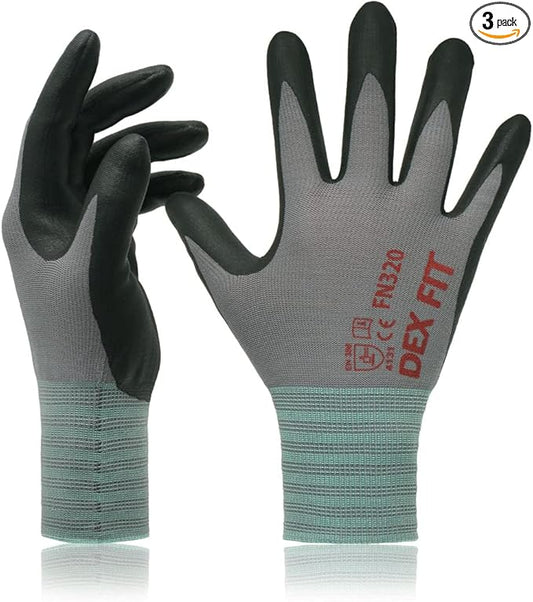 DEX FIT Nylon Work Gloves FN320, 3D Comfort Fit, Power Grip, Lightweight & Breathable, Touchscreen, Gardening, Yard Work, Warehouse, Delivery Driver Gloves; Grey 8 (M) 3 Pairs