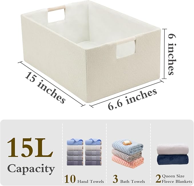 Foldable Fabric Storage Baskets Set of 2 for Shelves, Linen Decorative Storage Bins with Wooden Handles, Small Organizer Cubes for Closet, Rectangle Canvas Boxes for Organizing, Decor (Beige 2 Pack)