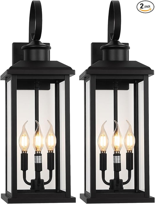 24" Extra Large Outdoor Wall Light Fixture 2-Pack, Black 3-Light Modern Porch Lantern, Waterproof Exterior Lighting Sconce Wall Mount, Outside Lamp for House Garage Patio E12 Base