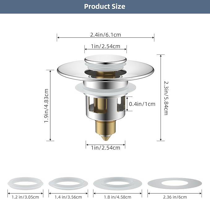 Hibbent All Metal Universal Bathroom Sink Stopper for 1.1''~2.3'' Basin, Pop Up Sink Drain Strainer, Brass Bullet Core Push Type Stopper, Stainless Steel Anti Clogging Drain Filter, Chrome