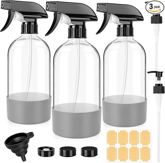 Glass Empty Spray Bottles 3 Pack, 17 oz/500 ml Glass Spray Bottles for Cleaning, Plants, Essential Oils, Hair Care, Refillable Empty Spray Bottle with Adjustable Nozzle for Squirt and Mist