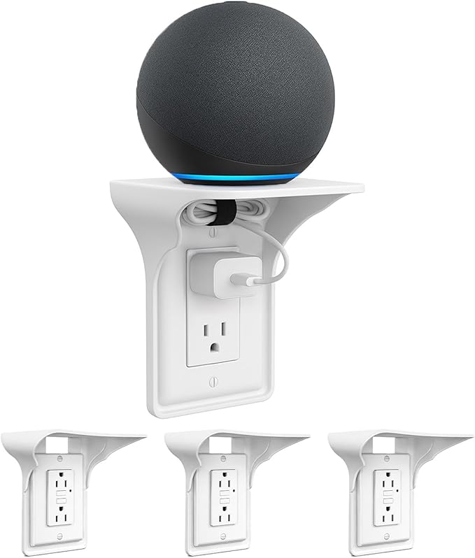 (3 Pack) Outlet Shelf – Wall Mount Organizer for Echo Dot, HomePod Mini, Alexa and Smart Home Devices – Bathroom Space Saver, Renter-Friendly for Kitchen, Bedroom, Office