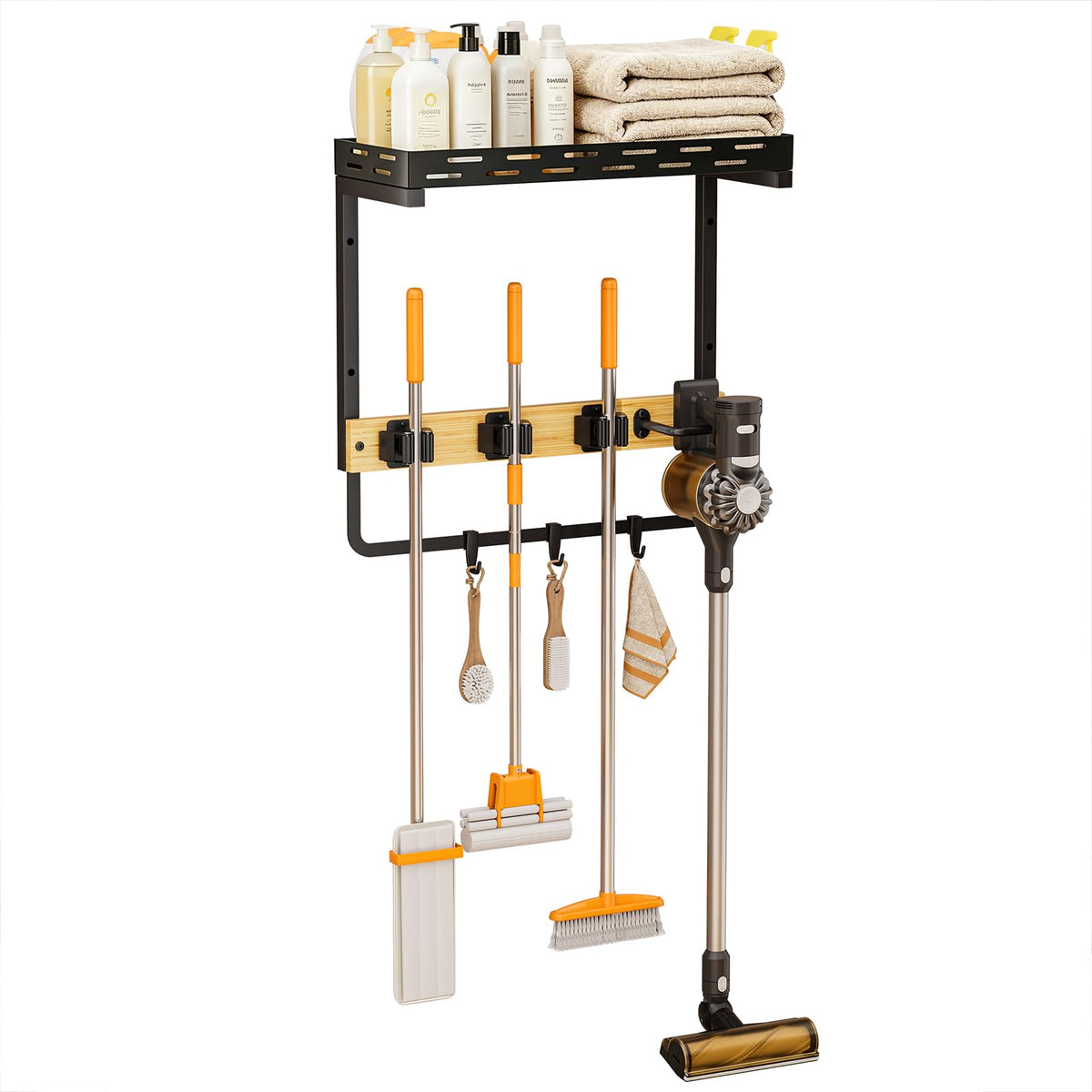 Broom Holder Wall Mount, All-in-One Cleaning Tool Organizer Shelf - Image 1
