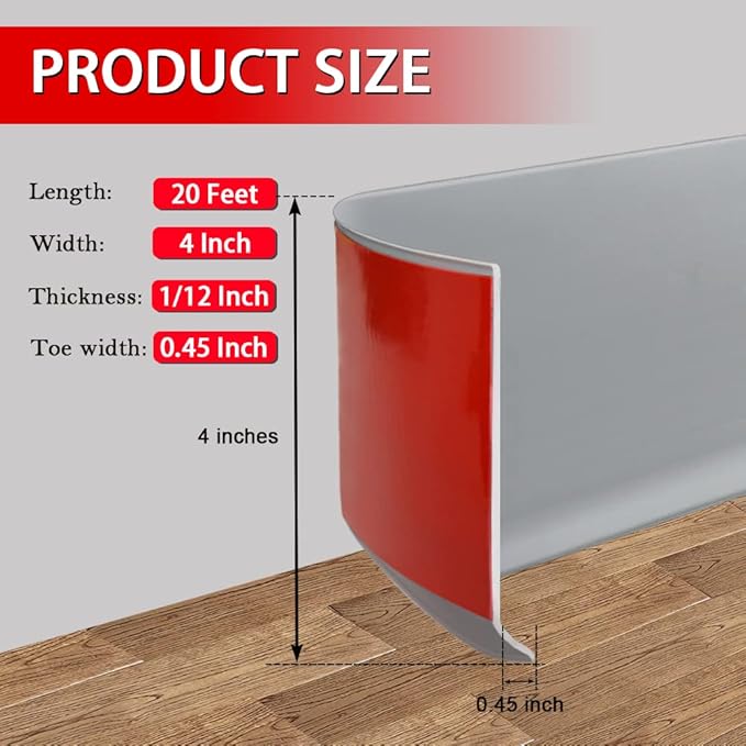 Vinyl Wall Base Baseboard Molding Trim 4" Flexible Self Adhesive Rubber Wall Base Moulding Trim Peel and Stick Design, 4 Inch x 20 Feet, Gray