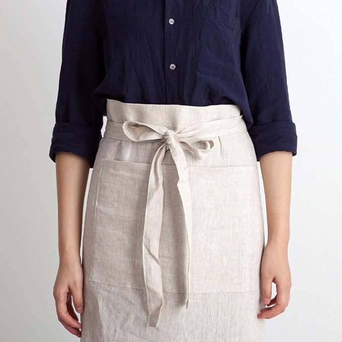 ATLINIA 100% Linen Apron with Buttons Adjustable Bib Apron with Pockets Linen Half Apron Bistro Apron