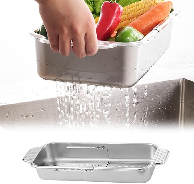 Stainless Steel Extendable Colander Strainer, Metal Washing Basket for Vegetable and Fruit, Easy to Clean, Drain Quickly (S)