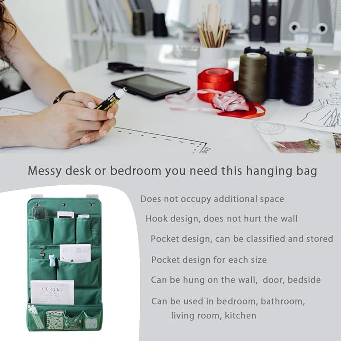 HSLFUAI Hanging Organizer with Pockets – Wall & Door Storage Bag with 3 Sticky Hooks – Hanging Storage Organizer for Bathroom, Bedroom, Closet, Dorm, Washing Table (3Layer, Green)