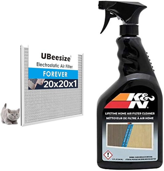 UBeesize 20x20x1 Reusable Air Filter - Washable, MERV 8,Permanent, Electrostatic & K&N HVAC Filter Cleaner: 32 Oz Spray Bottle Filter Cleaner and Refresher; Restores K&N Home