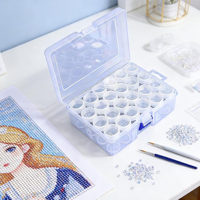 Diamond Art Painting Storage Containers with Lids & Labels - 24pcs Clear Round Beads Organizer Box for DIY Crafts, Jewelry, Small Items | Portable Stackable Art Supply Case with Stickers