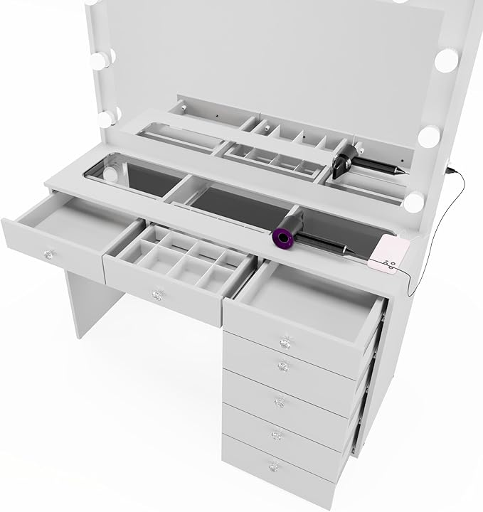 Boahaus Serena White Makeup Vanity with Mirror and 11 Lights, 7 Drawers, Glass Top, Crystal Knobs, USB-A & USB-C Ports, 110V Power Outlet, Bedroom Vanity Desk (White)