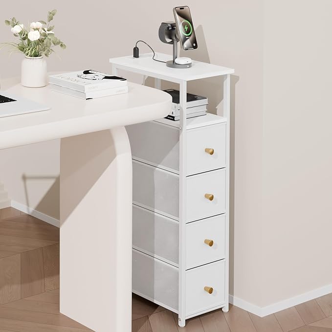 Narrow Storage Cabinet for Small Spaces Slim Bathroom Dresser with Drawers Tall Thin Storage Organizer for Bathroom Bedroom Skinny Cabinet(White, 4 Drawers with Charging Station)