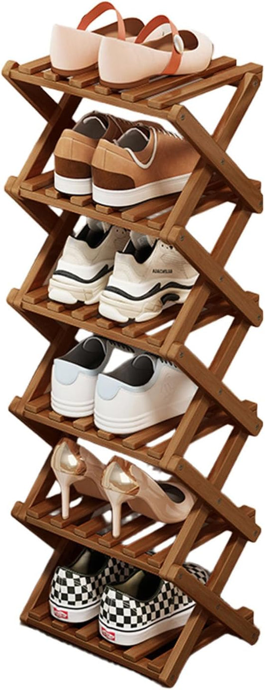 Comeon Bamboo Shoe Rack, Foldable Vertical Shoe Rack for Front Door Entrance Narrow Shoe Organizer Small Shoe Shelf for Entryway Shoe Storage Closet Multi-Tier (Brown Colors,6 Layers)