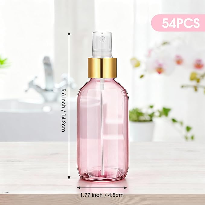 54 Pack 4 oz Small Glass Spray Bottles, Pink Refillable Fine Mist Bottles for Essential Oils, Cleaning Solutions, Perfume, Travel Size Liquid Containers