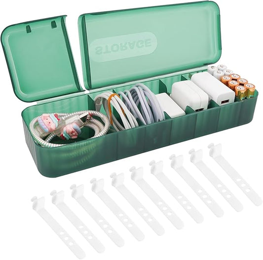 LUWOO Cable Organizer Box with 10 Wire Ties, Clear Charge Cord Management Cases with 7 Compartments, Desktop Drawer Organizer Storage Container, Wire Storage Box with Lid (Green)