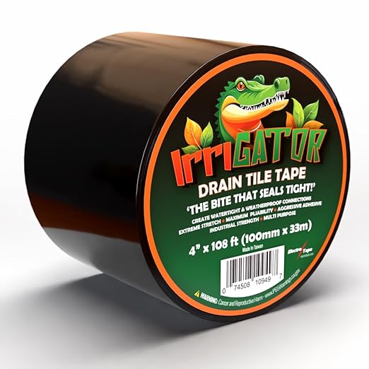 IrriGATOR Drain Tile Tape - 8.5 mil Premium Grade Stretchable PVC - 108ft Length - Ideal for Corrugated Metal Plastic and More (4" x 108ft)