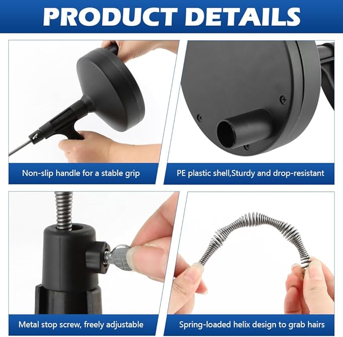 Drain Auger 33 Feet, Snake Drain Hair Removal Tool with 2 Gloves, Plumbing Sink Unclogger Drain Cleaner Toilet Snake Auger for Kitchen Bathroom Tub Shower