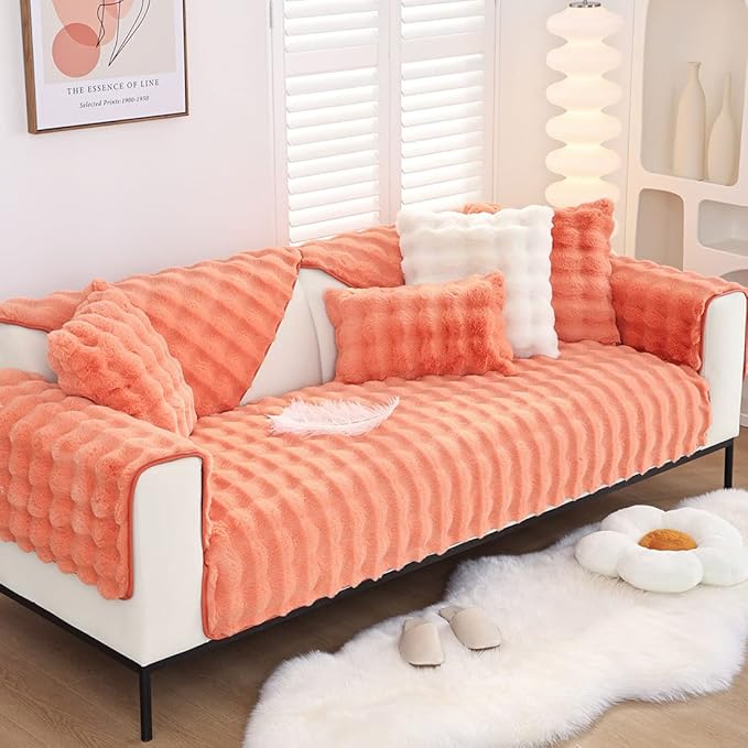 Soft Warm Faux Fur Couch Sofa Cover Thick Shaggy Fuzzy Sectional Couch Cover Non-Slip Solid Color Plush Sofa Slipcover Furniture Protector for Kids, Pets (Light Orange,28"x70")