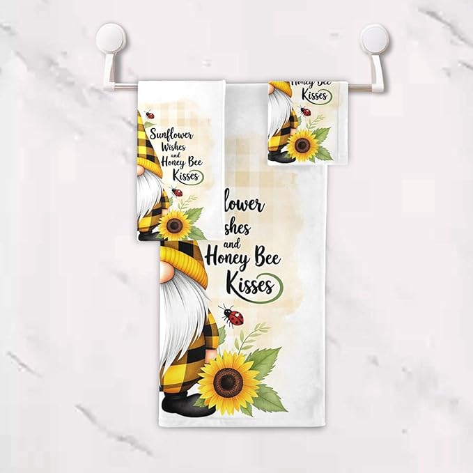 Pfrewn Gnome Sunflower Flowers Towels Set of 3 Bee Plaid Spring Bathroom Towel Soft Absorbent Bath Hand Towels Washcloth Guest Towel Sets Bathroom Decorations