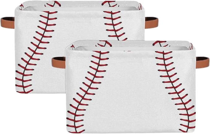 Pardick 2Pack Sports Baseball Print Large Collapsible Storage Bins,Sports Basket Decorative Canvas Fabric Storage Boxes with Handles,Rectangular Shelves Baskets Box for Home Office Nursery Closet