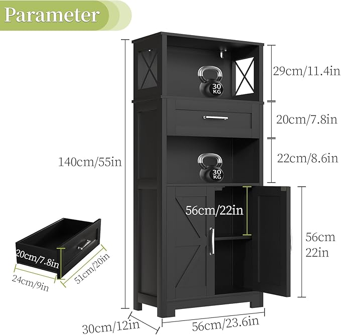 55" Tall Kitchen Pantry Cabient with 2 Microwave Stands, Farmhouse Pantry Storage Cabinet with Barn Doors and Large Drawer, Rustic Freestanding Cupboard for Kitchen and Dining Room (Black)
