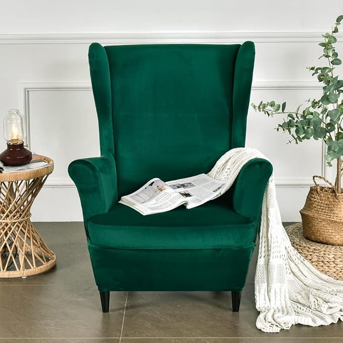 OBCREAT Wingback Chair Covers,2 Piece Stretch Velvet Wingback Chair Slipcover Soft Wing Chair Sofa Covers with Elastic Bottom,Armchair Couch Cover Furniture Protector for Living Room (Green)