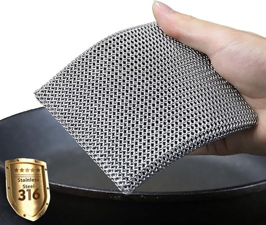 Cast Iron Cleaner Chainmail Scrubber -Fine Ring- 316 Stainless Steel Scrubbing Sponge Skillet – Dish Scrubber - Built-in Silicone with Welded Rings - for Cast Iron Pots, BBQ, Dishes (Large)