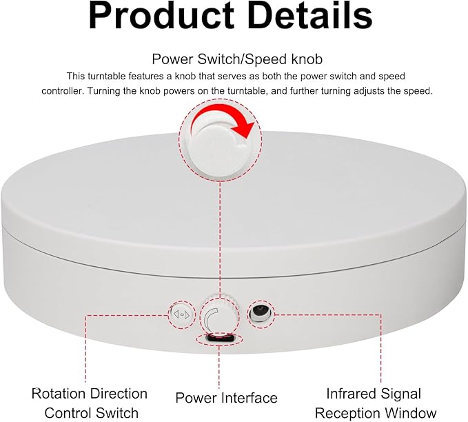 Motorized Rotating Display Stand Rotating Lazy Susan Electric Turntable for Display,Photography Turntable for 3D Scanner, Remote Control Angle/Speed,Step/Swing/Continuous Rotation