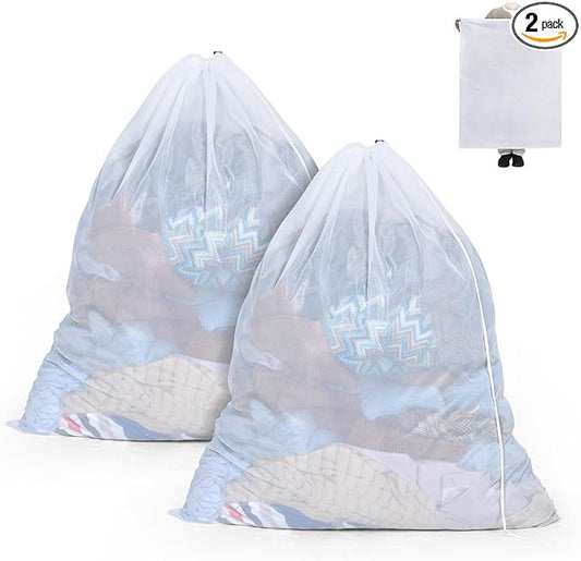 OTraki Ex-Large Mesh Laundry Bag 36x43 Inch Drawstring Laundry Wash Bags 2 Pack Dirty Clothes Net Laundry Bag Heavy Duty Travel Storage Organize Bag Don't Drying, Melting 140-176℉ White