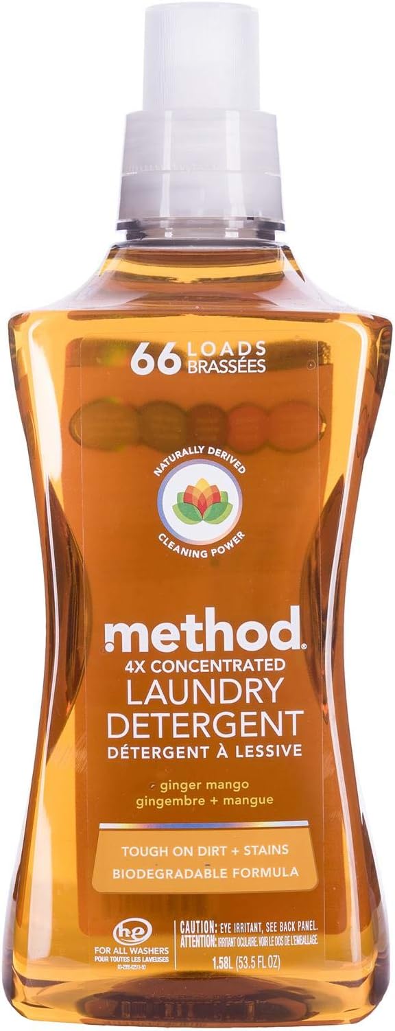 Method Liquid Laundry Detergent, Ginger Mango, 66 Loads Per Bottle, Hypoallergenic + Biodegradable Formula, Plant-Based Stain Remover, 53.5 Fl Oz (Pack of 2)