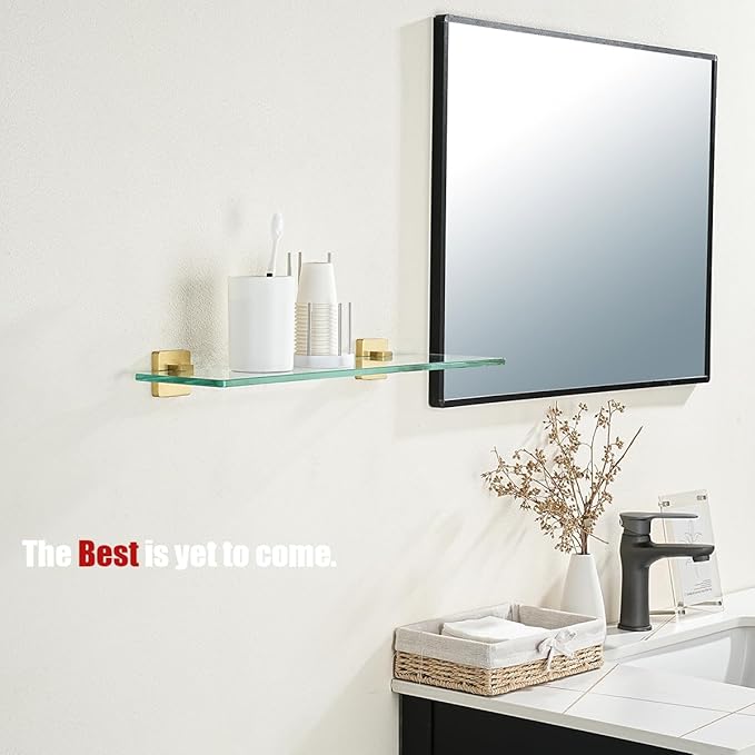 JQK Bathroom Glass Shelf, Floating Tempered Glass Shower Storage 20 by 5 inches, 304 Stainless Steel Brushed Gold Wall Mount 2 Pack 2 Pack, TGS201L20-BG-P2