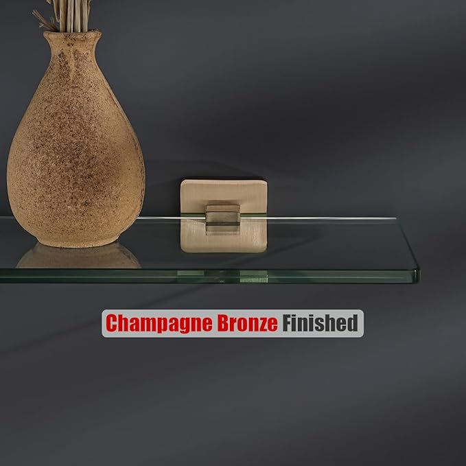JQK Bathroom Glass Shelf, Floating Tempered Glass Shower Storage 16 by 5 inches, 304 Stainless Steel Champagne Bronze Wall Mount, TGS201L16-CB
