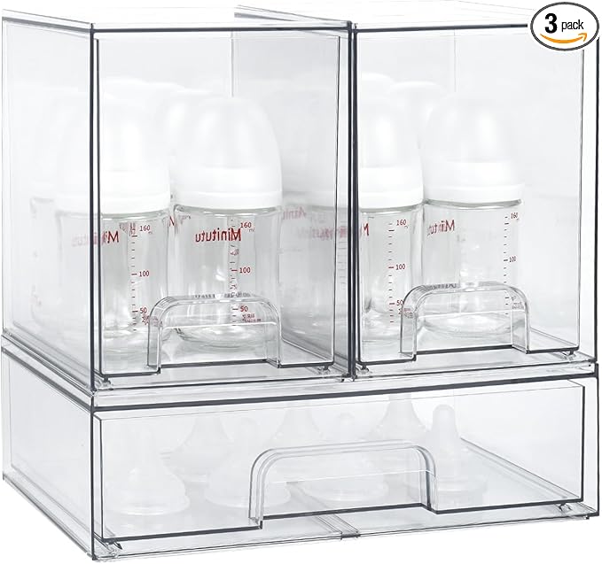 OTraki Baby Bottle Organizer, 3 Pack Stackable Storage Drawers with Labels, Clear Stackable Storage Drawers Acrylic Bottles Station for Pacifiers, Pump Parts, Desk Organizer Bins for Countertop
