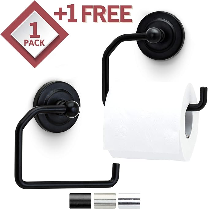 Jack N’ Drill 1 Pack Toilet Paper Holder with Free Wall Mounted Multipurpose Coat Hook for Towels, Bathroom Accessories and Decor, Classy and Modern Black Finish for All Bathroom Styles (2 Pack Black)