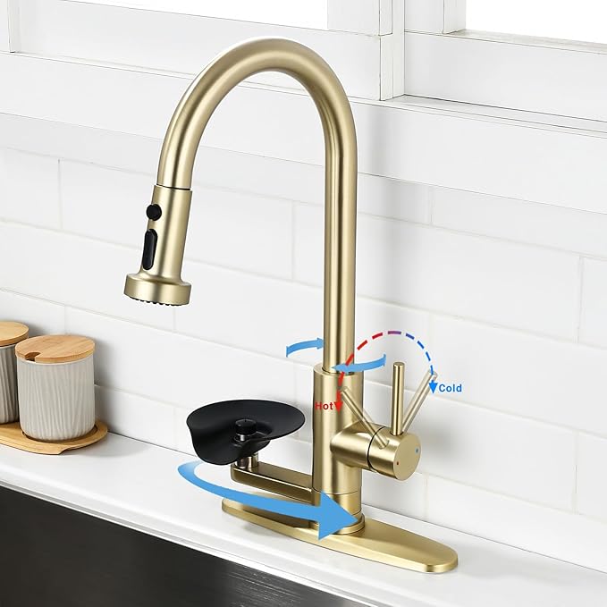 Kitchen Faucet with Glass Rinser, Pull Down Sink Faucet with 3 Spray Modes and High Pressure Glass Rinser, Single Hole 2 in 1 High Arc Stainless Steel Kitchen Faucets (Brushed Golden)