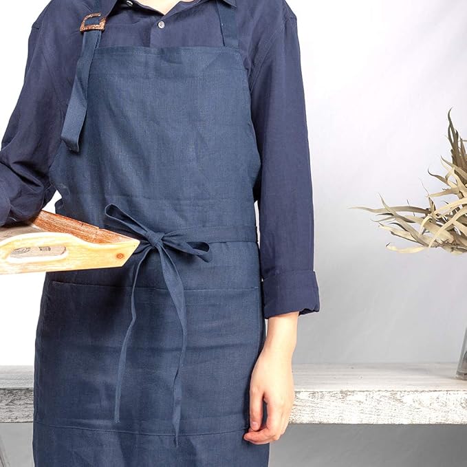 ATLINIA 100% Linen Apron with Buttons Adjustable Bib Apron with Pockets Linen Half Apron Bistro Apron