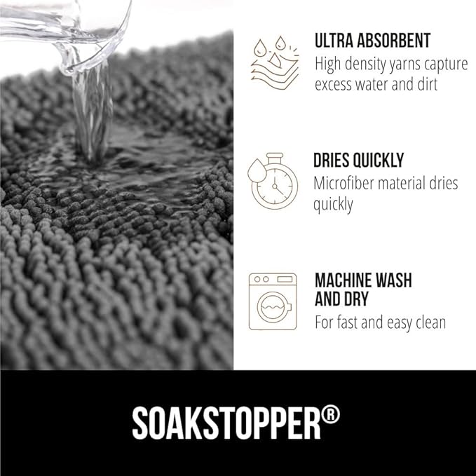 GORILLA GRIP SoakSTOPPER Dog Door Mat, 70x24 Machine Washable Rug Absorbent Doormat Captures Moisture Mud Dirt, Quick Dry Soft Chenille Entryway Rugs Indoor Entrance Mats for Dog Paws, Grey